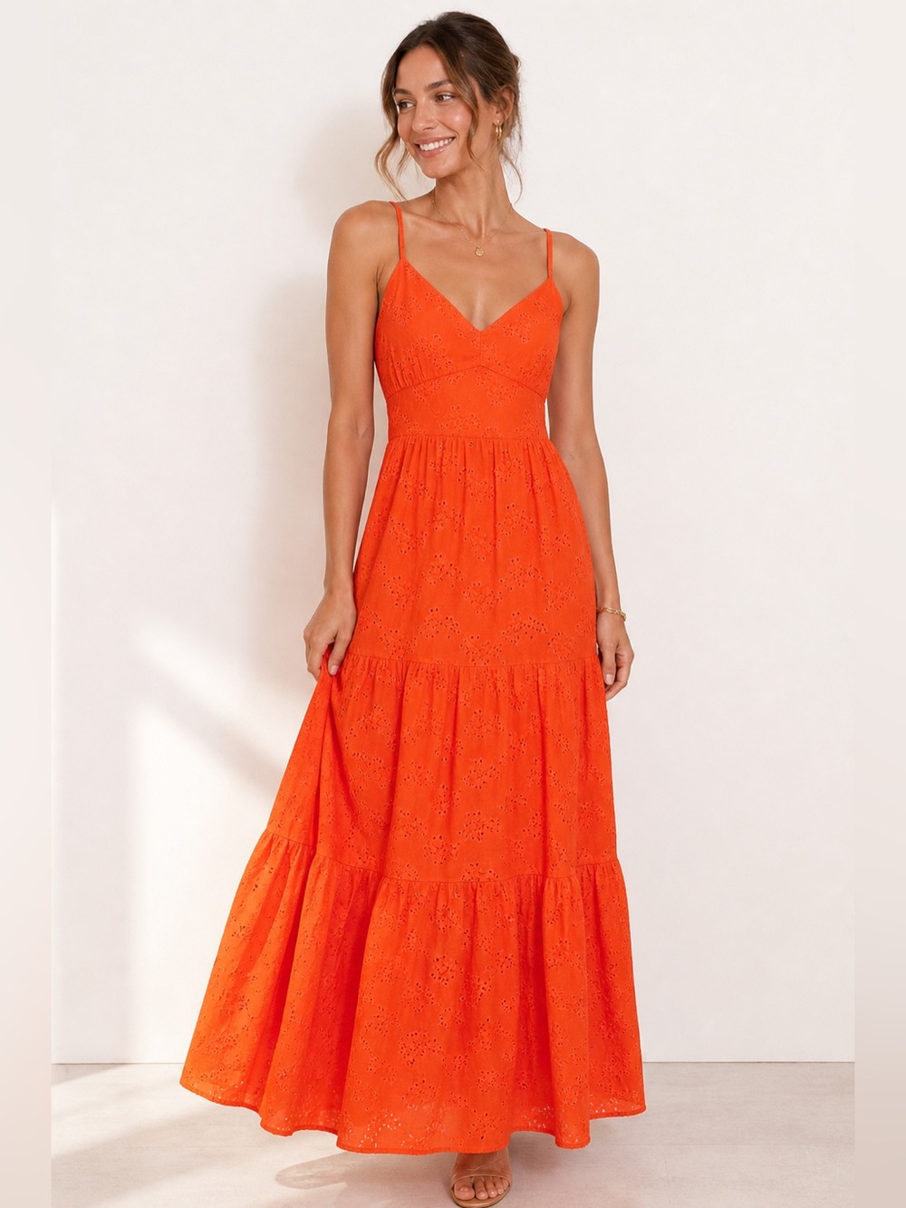 Aqua Orange Eyelet Maxi Dress L Tie Back Smocked Boho Summer Cotton Lined